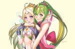  2girls ahoge blush cape chiki circlet fire_emblem fire_emblem:_kakusei fire_emblem:_mystery_of_the_emblem fire_emblem_heroes gloves green_eyes green_hair hair_ornament hair_ribbon hug jewelry long_hair looking_at_viewer multiple_girls nowi_(fire_emblem) open_mouth pointy_ears ponytail ribbon smile tiara velladonna violet_eyes 