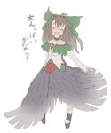  1girl adapted_costume animal_ears black_dress black_feathers black_shoes blush bow brown_hair choker dress fang feather_dress full_body green_bow guwinomi hair_bow highres long_sleeves open_mouth reiuji_utsuho shoes simple_background sketch smile solo standing touhou white_background 
