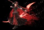  1girl anonamos black_hair cape flower full_body hair_flower hair_ornament highres holding holding_weapon huge_weapon looking_at_viewer ruby_rose rwby scythe simple_background smile weapon 