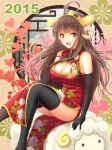  1girl 2015 :d ahoge alternate_costume bangs bare_shoulders black_gloves black_legwear blush breasts brown_eyes brown_hair china_dress chinese_clothes cleavage cleavage_cutout dress elbow_gloves gloves hairband headgear horns kantai_collection kongou_(kantai_collection) large_breasts long_hair looking_at_viewer open_mouth pelvic_curtain sheep sheep_horns sitting smile solo thigh-highs year_of_the_ram youshuu 
