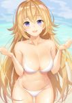  1girl anza_tomo bangs bare_shoulders bikini blonde_hair blue_eyes blue_sky blush breasts cleavage collarbone commentary_request day fate/apocrypha fate_(series) forearms_at_chest hands_up highres hips large_breasts long_hair looking_at_viewer navel open_mouth outdoors ruler_(fate/apocrypha) shiny shiny_skin sky smile solo swimsuit thigh_gap thighs very_long_hair waist white_bikini wrists_extended 