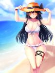  1girl beach bikini bikini_under_clothes black_hair breasts cleavage collarbone day fingernails frilled_bikini frills front-tie_top gluteal_fold hair_ornament hairclip hands_on_head haruna_(kantai_collection) hat highres jewelry kantai_collection large_breasts long_hair looking_at_viewer navel ocean orange_eyes ring shadow smile solo straw_hat swimsuit thigh_gap thigh_strap tsukui_kachou upper_body walking wedding_band white_bikini wristband 