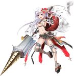  &gt;:o 1girl :o antenna_hair breasts checkered checkered_skirt cleavage flower full_body hair_flower hair_ornament holding holding_spear holding_weapon long_hair medium_breasts midriff murakami_yuichi navel official_art open_mouth oshiro_project oshiro_project_re oyama_(oshiro_project) pleated_skirt polearm purple_hair sideboob skirt spear thigh-highs torn_clothes torn_skirt transparent_background two_side_up very_long_hair weapon white_hair 