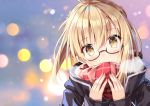  1girl ahoge artoria_pendragon_(all) bangs black-framed_eyewear black_jacket blonde_hair blurry blush bokeh braid breath covered_mouth depth_of_field eyebrows_visible_through_hair fate/grand_order fate_(series) fingernails glasses hair_between_eyes head_tilt heroine_x heroine_x_(alter) jacket long_sleeves looking_at_viewer plaid plaid_scarf red_scarf rin_yuu saber scarf scarf_over_mouth semi-rimless_glasses signature solo twitter_username under-rim_glasses upper_body yellow_eyes 