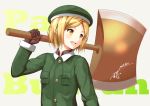  1girl axe blonde_hair blush brown_gloves character_name fate/grand_order fate_(series) gloves green_hat hat holding holding_axe holding_weapon looking_away mugipot open_mouth paul_bunyan_(fate/grand_order) short_hair smile solo upper_body weapon yellow_eyes 