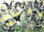  androgynous black_flower black_hair book butterfly dutch_angle en4xx grey_eyes holding holding_book japanese_clothes open_book outdoors solo traditional_media watercolor_(medium) 
