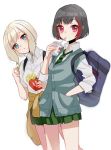  10s 2girls :o aoba_moka bag bang_dream! black_hair blonde_hair blue_hair drinking drinking_straw eyebrows_visible_through_hair food french_fries kumasawa_(dkdkr) looking_at_viewer mitake_ran multicolored_hair multiple_girls open_mouth red_eyes school_uniform short_hair simple_background white_background 