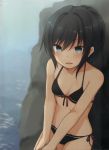  1girl :d absurdres alternate_hairstyle asashio_(kantai_collection) bikini black_bikini black_hair blue_eyes blush breasts cleavage collarbone cowboy_shot crease front-tie_top highres kantai_collection long_hair nagami_yuu open_mouth ponytail rock scan side-tie_bikini small_breasts smile solo swimsuit water 