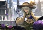  1girl bangs black_hat blue_sky building city closed_mouth day flower green_hair green_skirt hat hat_ribbon heart heart_of_string komeiji_koishi looking_at_viewer medium_hair outdoors petals ribbon ryosios shiny shiny_hair shirt skirt sky sleeves_past_wrists smile solo third_eye touhou wide_sleeves yellow_ribbon yellow_shirt 