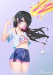  1girl artist_request bangs black_hair blue_eyes breasts bright_pupils bubble_blowing cowboy_shot crop_top d.va_(overwatch) earphones eyebrows_visible_through_hair facial_mark finger_gun finger_gun_to_head gradient gradient_background highres long_hair midriff nail_polish navel off-shoulder_shirt overwatch shirt short_shorts shorts simple_background small_breasts solo sunglasses swept_bangs under_boob watermark web_address weibo_username white_pupils 