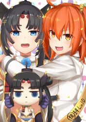  &gt;:d 2girls :&lt; :d ahoge bangs black_hair blue_eyes blush character_doll fate/grand_order fate_(series) fujimaru_ritsuka_(female) hair_between_eyes hair_ornament hair_scrunchie half-closed_eyes highres jitome long_hair long_sleeves looking_at_viewer multiple_girls open_mouth orange_eyes orange_hair p!nta parted_bangs scrunchie sidelocks smile sparkle teeth thick_eyebrows uniform upper_body ushiwakamaru_(fate/grand_order) 