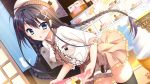  1girl :o ahoge apron bakery black_hair black_legwear blue_eyes blush cake checkered checkered_apron checkered_necktie dutch_angle floral_flowlove food frilled_shirt frilled_skirt frilled_sleeves frills game_cg hair_ornament hat leaning_forward long_hair looking_at_viewer necktie paw_print shirt shop skirt solo thigh-highs tokisaka_nanao toranosuke tray very_long_hair waist_apron waitress x_hair_ornament 