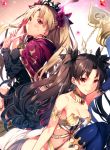  2girls bangs bare_shoulders black_hair blonde_hair blue_legwear blush bow breasts cleavage cloak closed_mouth collarbone cut_(bu-kunn) detached_sleeves ereshkigal_(fate/grand_order) eyebrows_visible_through_hair fate/grand_order fate_(series) floating_hair gem hair_bow hand_up highres ishtar_(fate/grand_order) knee_up long_hair long_sleeves medium_breasts multiple_girls navel parted_bangs purple_bow red_eyes revealing_clothes single_sleeve smile sweatdrop thigh-highs thighs tohsaka_rin twintails two_side_up wavy_hair 