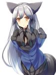  1girl :o animal_ears bangs black_bow black_bowtie black_gloves black_legwear black_skirt blue_jacket bow bowtie breasts brown_eyes buttons commentary_request cowboy_shot eyebrows_visible_through_hair fox_ears fox_tail fur_trim gloves highres jacket kemono_friends liya long_hair long_sleeves looking_at_viewer medium_breasts off_shoulder pantyhose parted_lips pleated_skirt silver_fox_(kemono_friends) silver_hair simple_background skirt solo tail white_background 