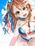  10s 1girl beatrix_(granblue_fantasy) breasts brown_eyes brown_hair cleavage granblue_fantasy large_breasts long_hair looking_at_viewer navel open_mouth ponytail smile solo swimsuit tsumugi_touto 