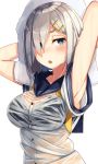  &gt;:o 1girl :o armpits arms_behind_head arms_up black_bra blue_eyes bra breasts bright_pupils eyebrows_visible_through_hair hair_ornament hair_over_one_eye hairclip hamakaze_(kantai_collection) kantai_collection medium_breasts plan_(planhaplalan) sailor_collar sailor_shirt see-through shirt short_hair short_sleeves silver_hair simple_background solo towel towel_on_head underwear wet wet_clothes wet_shirt white_background 