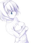  1girl alice_margatroid bangs blue_eyes breasts cleavage cleavage_cutout closed_mouth crossed_arms eyebrows_visible_through_hair hair_between_eyes hair_intakes looking_at_viewer medium_breasts meme_attire nirap open-chest_sweater profile short_hair simple_background solo spot_color sweater touhou turtleneck turtleneck_sweater upper_body white_background 