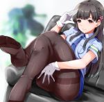  10s 1girl ass black_eyes black_hair black_legwear breasts gloves hair_ornament idolmaster idolmaster_cinderella_girls kobayakawa_sae long_hair necktie pantyhose police police_uniform ryuu. sitting smile solo thighband_pantyhose uniform white_gloves 