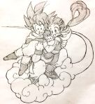 1girl 2boys baby black_eyes black_hair boots chi-chi_(dragon_ball) chinese_clothes dougi dragon_ball dragonball_z family father_and_son flying flying_nimbus happy long_hair monochrome mother_and_son multiple_boys nervous open_mouth ponytail short_hair simple_background smile son_gohan son_gokuu spiky_hair tkgsize wristband 