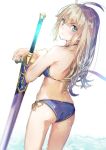  &gt;:/ 1girl :/ alternate_hairstyle artoria_pendragon_(all) ass back bikini blonde_hair blue_bikini blurry blush commentary_request depth_of_field excalibur fate/stay_night fate_(series) from_behind green_eyes long_hair looking_at_viewer looking_back revision saber side-tie_bikini solo swimsuit yuugen 