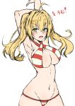  1girl ahoge armpits arms_up bangs blonde_hair blush breasts cleavage eyebrows_visible_through_hair fate/grand_order fate_(series) green_hair hair_between_eyes hair_intakes hips large_breasts long_hair looking_at_viewer nakatokung navel nero_claudius_(swimsuit)_(fate) open_mouth saber_extra simple_background sketch smile solo teeth twintails white_background 