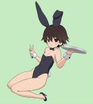  10s 1girl alternate_costume animal_ears black_bow black_bowtie black_leotard black_shoes bow bowtie breasts brown_eyes brown_hair bunny_tail bunnysuit closed_mouth detached_collar fake_animal_ears fake_tail frown girls_und_panzer green_background high_heels holding isobe_noriko kneeling leotard looking_at_viewer rabbit_ears shoes short_hair simple_background small_breasts solo strapless strapless_leotard tail tray v wata_do_chinkuru wrist_cuffs 