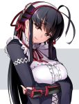  1girl ahoge arm_guards black_hair blush breasts eyebrows_visible_through_hair hawe_king large_breasts long_hair long_sleeves looking_at_viewer original parted_lips red_eyes upper_body witch 