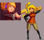  1girl blonde_hair boots brown_eyes commentary comparison contrapposto culottes ear_protection half_updo hand_on_hip headphones huge_weapon jacket joakim_sandberg knee_boots lips long_hair pixel_art robin_(the_iconoclasts) solo the_iconoclasts weapon wrench 