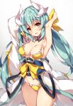  1girl aqua_hair armpits bare_arms bikini bow breasts cleavage cowboy_shot fate_(series) frilled_bikini frills gluteal_fold gradient gradient_background grey_background hair_bow highres horns japanese_clothes kimono kiyohime_(fate/grand_order) kiyohime_(swimsuit_lancer)_(fate) large_breasts long_hair looking_at_viewer smile solo standing swimsuit thigh_gap unacchi_(nyusankin) yellow_bikini yellow_bow yellow_eyes 