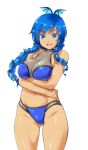  1girl :d bangs bikini blue_bikini blue_eyes blue_hair blush breasts character_request cleavage copyright_request cowboy_shot crossed_arms eyebrows_visible_through_hair hair_ornament halter_top halterneck highres hips kiyama_satoshi large_breasts long_hair looking_at_viewer mole mole_under_eye navel open_mouth ringlets simple_background smile solo swimsuit tan thighs white_background 
