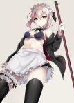  &gt;:( 1girl alternate_costume apron artoria_pendragon_(all) bangs bare_shoulders black_legwear black_ribbon black_skirt breasts closed_mouth commentary_request cowboy_shot enmaided fate/grand_order fate_(series) frilled_skirt frills from_below groin hair_ribbon harimoji highres hood hoodie long_sleeves looking_at_viewer looking_down maid maid_headdress navel open_clothes open_hoodie pale_skin ribbon saber_alter silver_hair skirt small_breasts solo stomach thigh-highs waist_apron yellow_eyes 