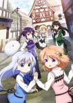  anko_(gochiusa) blonde_hair blue_eyes blue_hair brown_hair cobblestone gochuumon_wa_usagi_desu_ka? green_eyes hair_ornament hand_holding highres hime_cut hoto_cocoa house japanese_clothes kafuu_chino kimono lamppost maid maid_headdress multiple_girls official_art open_mouth purple_hair rabbit_house_uniform road smile street tedeza_rize tippy_(gochiusa) twintails ujimatsu_chiya violet_eyes 