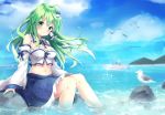  1girl bangs bare_legs bare_shoulders bird blue_skirt blue_sky blush breasts closed_mouth clouds cloudy_sky day detached_collar detached_sleeves floating_hair frog_hair_ornament green_eyes green_hair hair_ornament hair_tubes kochiya_sanae long_hair looking_at_viewer medium_breasts midriff navel non_(nobu) ocean outdoors rock seagull sitting skirt sky smile snake_hair_ornament soaking_feet solo summer torii touhou water 