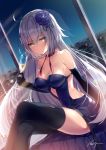  bare_shoulders black_gloves black_legwear blue_dress breasts champagne_flute choker cleavage cup dress drinking_glass dutch_angle elbow_gloves eyebrows_visible_through_hair fate/grand_order fate_(series) flower glint gloves hair_between_eyes hair_flower hair_ornament indoors jeanne_alter large_breasts legs_crossed light_brown_eyes long_hair looking_at_viewer necomi_(gussan) ribbon_choker ruler_(fate/apocrypha) silver_hair sitting strapless strapless_dress thigh-highs very_long_hair 