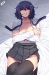 1girl artist_name bangs bed_sheet black_hair black_legwear black_necktie black_skirt blush breasts cleavage collarbone collared_shirt crossed_arms dress_shirt eyebrows_visible_through_hair from_above groin hair_between_eyes hands_up indoors jjune long_sleeves looking_at_viewer lying medium_breasts miniskirt necktie no_bra on_back open_clothes open_shirt original parted_lips pink_lips pleated_skirt school_uniform shirt short_hair skirt smile solo teeth thigh-highs undone_necktie white_shirt 