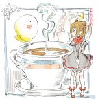  akiya_yukie beatrice_(princess_principal) brown_hair cup double_bun dress highres oversized_object princess_principal ribbon short_hair teacup 