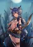  animal_ears belt bikini_top blue_hair breasts chains choker copyright_request cuffs earrings hand_on_hip highres huanxiang_heitu jewelry looking_at_viewer nail_polish navel necklace outdoors parted_lips pink_eyes pointing_weapon saber_(weapon) shackles short_hair skirt skull slit_pupils small_breasts sword tattoo thigh_strap watermark weapon white_bikini_top 