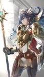  1girl absurdres armor bangs blue_eyes blue_gloves blue_hair breastplate clear_glass_(mildmild1311) fire_emblem fire_emblem_awakening fire_emblem_heroes from_side gloves hair_ornament highres holding holding_polearm holding_weapon lance long_hair lucina_(fire_emblem) official_alternate_costume polearm shoulder_armor solo symbol_in_eye weapon 
