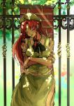  1girl beret blush bow bowtie braid brick chinese_clothes closed_eyes cowboy_shot crossed_arms day eyebrows_visible_through_hair fence hair_bow hat highres hong_meiling kourou_(kouroukun) light_rays long_hair open_mouth outdoors redhead short_sleeves sketch sleeping sleeping_upright solo standing star sunbeam sunlight touhou twin_braids vest wing_collar 
