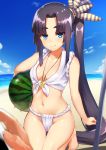  1girl bangs barefoot beach bikini blurry blush breasts closed_mouth collarbone day depth_of_field eyebrows_visible_through_hair fate/grand_order fate_(series) food front-tie_bikini front-tie_top fruit fundoshi holding holding_fruit japanese_clothes jitome long_hair looking_at_viewer navel out_of_frame outdoors p!nta parted_bangs side_ponytail small_breasts smile solo swimsuit thighs ushiwakamaru_(fate/grand_order) very_long_hair watermelon whistle white_bikini 