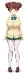  1girl 5240mosu absurdres arms_at_sides bangs blush breasts brown_eyes brown_hair brown_shoes cardigan closed_mouth collared_shirt double_bun eyebrows_visible_through_hair fujinoki_nene full_body green_skirt hajimete_no_gal highres large_breasts loafers looking_at_viewer miniskirt pantyhose pleated_skirt school_uniform shirt shoes simple_background skirt sleeves_past_wrists smile solo standing tareme white_background white_legwear white_shirt 
