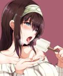  10s 1girl bare_shoulders blue_eyes blush breasts brown_hair food hairband highres idolmaster idolmaster_cinderella_girls long_hair open_mouth popsicle ryuu. sagisawa_fumika solo sweatdrop teeth tongue tongue_out 