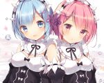  2girls bangs blue_eyes blue_hair blush breasts cleavage collar detached_collar detached_sleeves eyebrows_visible_through_hair frilled_collar frilled_sleeves frills hair_ornament hair_over_one_eye hair_ribbon maid maid_headdress medium_breasts multiple_girls open_mouth parted_lips pink_eyes pink_hair pink_ribbon purple_ribbon ram_(re:zero) re:zero_kara_hajimeru_isekai_seikatsu rem_(re:zero) ribbon shiino_sera short_hair small_breasts smile upper_body water_drop x_hair_ornament 