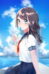  1girl blue_eyes brown_hair day gen_(gen_m_gen) highres long_hair looking_at_viewer looking_back ocean original outdoors parted_lips ramune school_uniform serafuku short_sleeves solo wind 