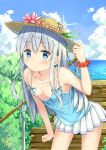  1girl alternate_costume blue_eyes blush clouds cloudy_sky collarbone eyebrows_visible_through_hair hair_between_eyes hat hibiki_(kantai_collection) highres kantai_collection long_hair mikoillust ocean open_mouth pleated_skirt silver_hair skirt sky sleeveless solo white_skirt 