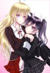  2girls ahoge alternate_hairstyle armband black_hair blonde_hair blush brown_eyes carrying commentary_request heterochromia multiple_girls neo_(rwby) pink_eyes princess_carry rwby school_uniform twintails violet_eyes yang_xiao_long yuri 