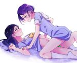  2girls blue_hair blush closed_mouth dokidoki!_precure girl_on_top hair_ornament hairclip hand_on_another&#039;s_chest hishikawa_rikka kenzaki_makoto long_hair looking_at_another lying multiple_girls navel negom on_back precure purple_hair school_uniform short_hair simple_background smile socks violet_eyes white_background yuri 