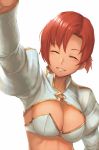  1girl boudica_(fate/grand_order) breasts bustier cleavage closed_eyes fate/grand_order fate_(series) grin large_breasts long_sleeves o-ring_top petting ponytail puffy_long_sleeves puffy_sleeves ranma_(kamenrideroz) redhead short_hair smile solo upper_body white_background 