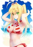  1girl ahoge alternate_hairstyle arms_up beach bikini blonde_hair breasts criss-cross_halter day fate/grand_order fate_(series) gen_(gen_m_gen) green_eyes hair_between_eyes hair_intakes halterneck lens_flare long_hair looking_at_viewer medium_breasts navel nero_claudius_(swimsuit)_(fate) saber_extra smile striped striped_bikini swimsuit twintails underbust 