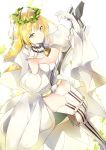  10s 1girl ahoge arm_up bangs bare_shoulders belt blonde_hair chains closed_mouth detached_collar detached_sleeves elbow_gloves fate/extra fate/extra_ccc fate_(series) gloves green_eyes leotard lock looking_at_viewer lpip puffy_sleeves saber_bride saber_extra sidelocks solo thigh-highs thighs white_gloves white_legwear white_leotard wreath 
